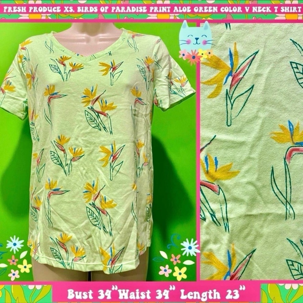 NWT XS $49  BIRDS OF PARADISE PRINT V NECK T SHIRT LT ALOE GREEN-FRESH PRODUCE